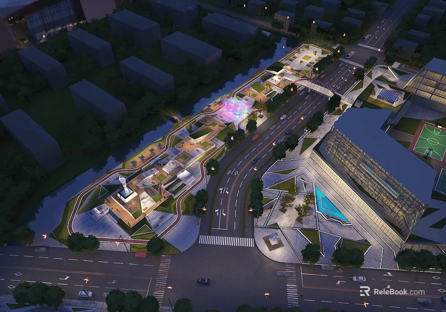 Modern Commercial Landscape Design With Urban Roadways Landscaped Areas Waterway And Lighting 3d model 