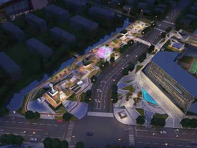 Modern Commercial Landscape Design With Urban Roadways Landscaped Areas Waterway And Lighting 3d model