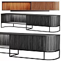 Modern Wooden Dresser With Striped Panels And Open Storage Space On Metal Base