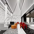 Modern Hotel Public Lounge With Comfortable Sofas Colorful Chairs Brick Wall And Patterned Flooring 3d model
