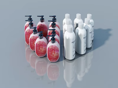 Red and White Hand Sanitizer Bottles with Pump Dispensers and Reflections on Smooth Surface 3d model