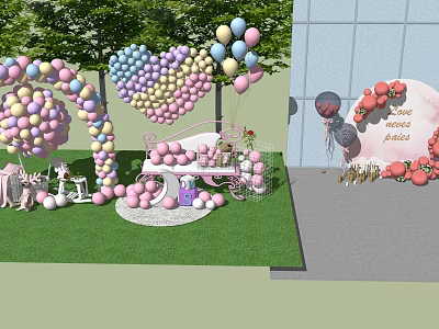 Heart Shaped Balloon Inflatable Decorations for Birthday Party Setup on Green Grass 3d model