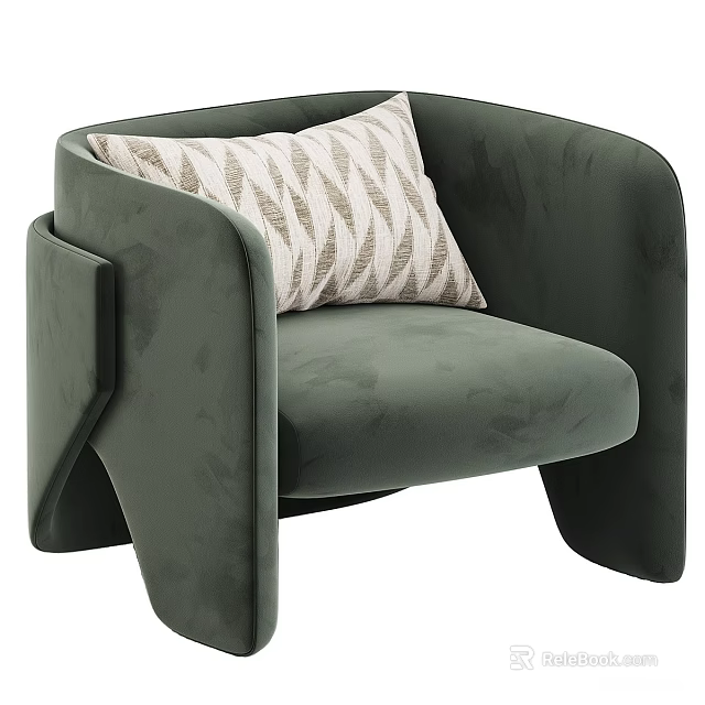 Dark Green Velvet Single Sofa With Modern Curved Armrest And Geometric Pattern Pillow 3d model 