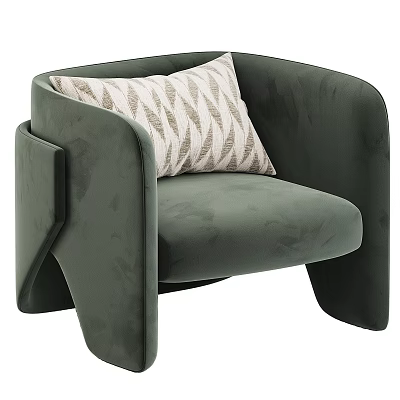 Dark Green Velvet Single Sofa With Modern Curved Armrest And Geometric Pattern Pillow 3d model