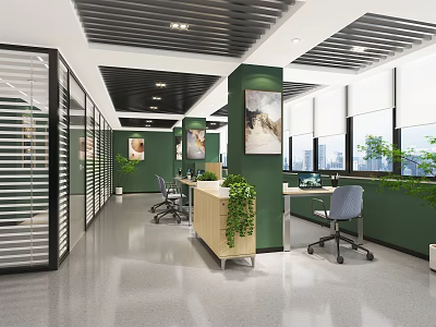 Modern Public Office Space With Green Walls Work Desks Windows And Potted Plants 3d model