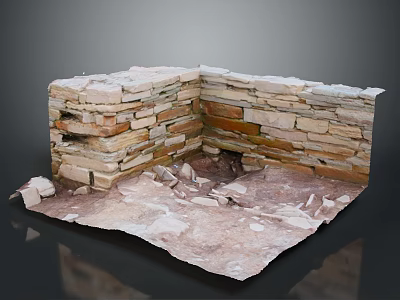 Ancient Stone Wall Corner with Stacked Stones and Scattered Debris on Ground 3d model