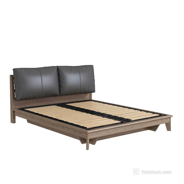 Modern Double Bed With Wooden Frame And Gray Upholstered Headboard Slatted Base 3d model 