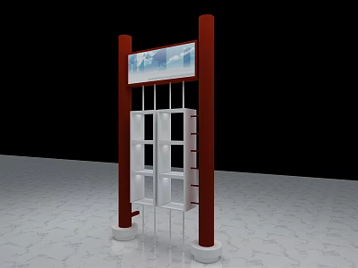 Modern Display Shelf With Red Pillars White Shelving Units And Display Panel On Textured Floor 3d model