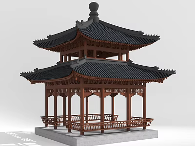 Traditional Chinese Pavilion With Two Story Roof Black Tiles Wooden Structure And Benches 3d model