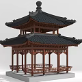 Traditional Chinese Pavilion With Two Story Roof Black Tiles Wooden Structure And Benches
