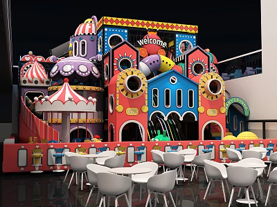 Colorful Mall Shop With Children's Play Structure Welcome Sign And White Tables Chairs 3d model