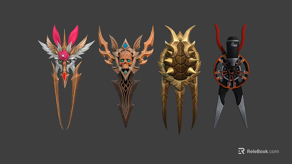 Mythical Fantasy Weapons With Intricate Decorative Designs And Gold Black Red Accents 3d model 