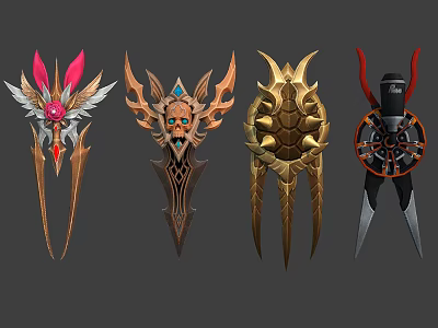 Mythical Fantasy Weapons With Intricate Decorative Designs And Gold Black Red Accents 3d model