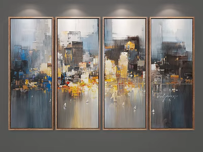 Modern Abstract Cityscape Painting With Blue Yellow Hues Four Panel Wall Art 3d model