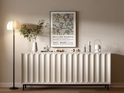 White Ribbed Entryway Sideboard Cabinet With Floor Lamp Vase Plant And Decorative Painting 3d model