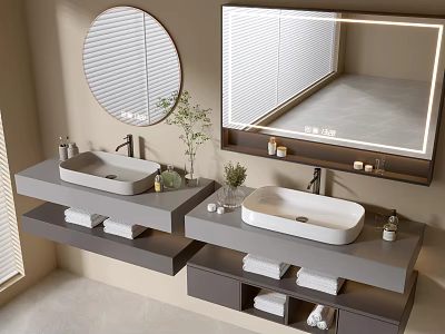 Modern Bathroom Vanity Cabinet With Double Sinks Large Mirror Storage Drawers And Small Plant 3d model