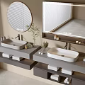Modern Bathroom Vanity Cabinet With Double Sinks Large Mirror Storage Drawers And Small Plant