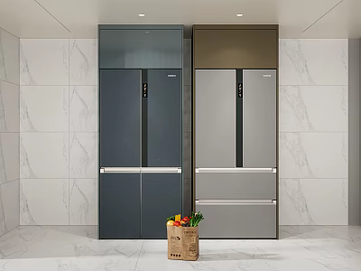 Two Modern Refrigerators In Blue And Silver With Marble Wall And Fruit Vegetable Box 3d model