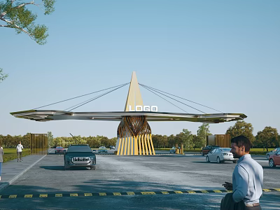 Modern Design Entrance Gate with Golden Umbrella Like Top Logo and Cars in Parking Area 3d model