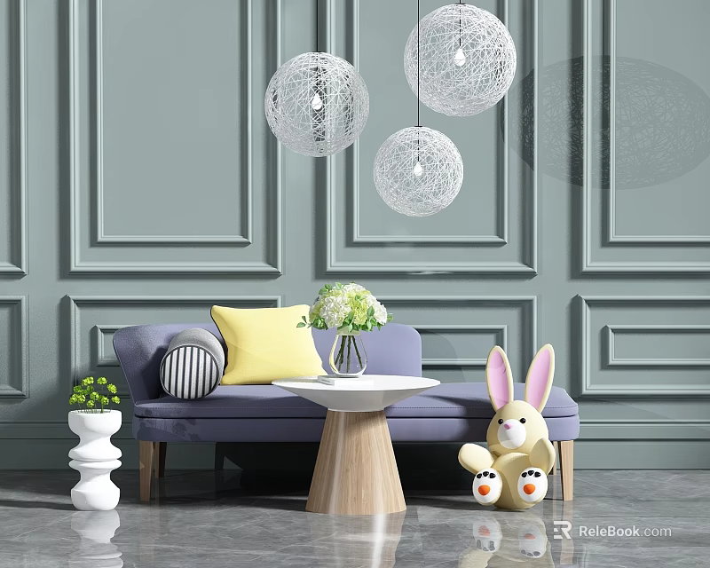 Purple Chaise Lounge with Yellow and Striped Cushions in Gray Paneled Room under Globe Lights 3d model 