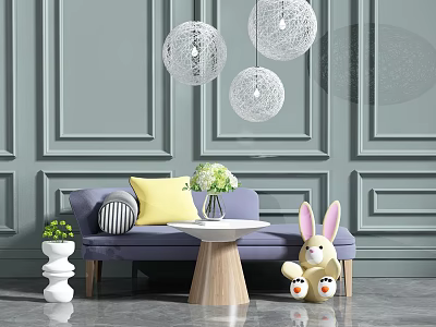 Purple Chaise Lounge with Yellow and Striped Cushions in Gray Paneled Room under Globe Lights 3d model