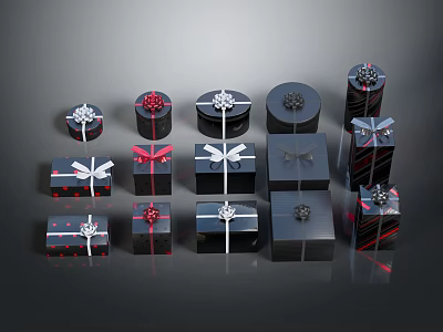 Stylish Black Gift Boxes with Red White Ribbons Bows and Colorful Patterns in Various Sizes 3d model