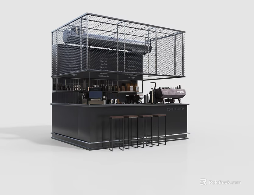Modern Bar Counter with Metal Mesh Frame Black Finish Bar Stools Coffee Machine Shelves 3d model 