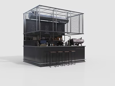 Modern Bar Counter with Metal Mesh Frame Black Finish Bar Stools Coffee Machine Shelves 3d model