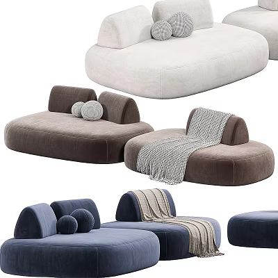 Curved Modular Sectional Sofa with Neutral Blue Upholstery Decorative Pillows and Throw Blanket 3d model
