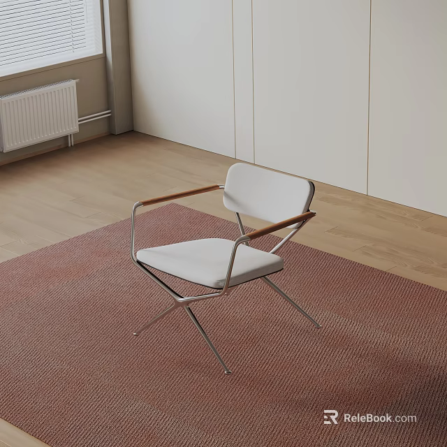 Modern Leisure Chair With White Cushion Wooden Armrests And Metal Legs On Red Carpet 3d model 