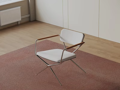 Modern Leisure Chair With White Cushion Wooden Armrests And Metal Legs On Red Carpet 3d model