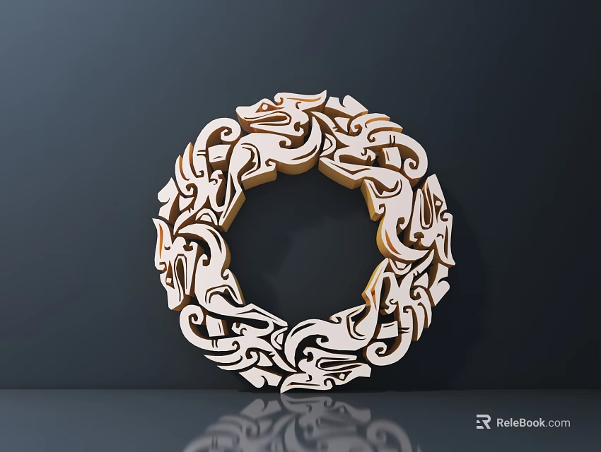 Intricate Circular Wooden Carving With Dragon Patterns And Black Background Reflection 3d model