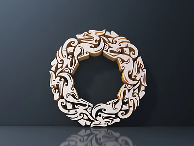Intricate Circular Wooden Carving With Dragon Patterns And Black Background Reflection 3d model