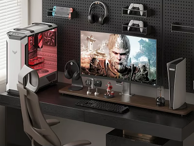 Modern Gaming Desk Setup With Computer Case Game Monitor Keyboard Mouse Wall Shelves Controllers Headphones 3d model