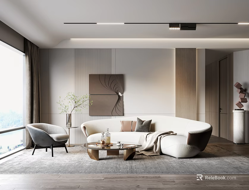 Modern Living Room Interior With Curved White Sofa Gray Armchair Coffee Table And Decorative Painting 3d model 