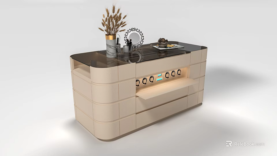 Modern Kitchen Island Cabinet With Light Colored Body Black Countertop Drawers And Decorative Items 3d model 