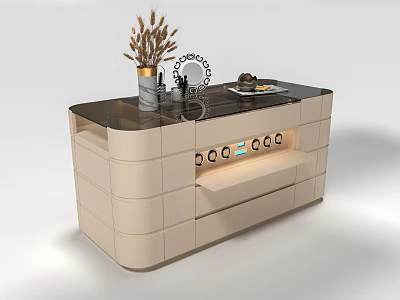 Modern Kitchen Island Cabinet With Light Colored Body Black Countertop Drawers And Decorative Items 3d model