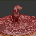 Brown dog sitting on circular platform with black and white gears and clock designs