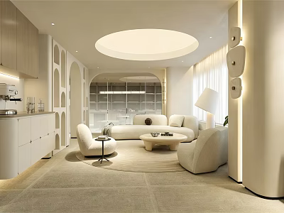 Elegant Modern Living Room Interior With White Sofa Round Coffee Table Armchairs And Ceiling Light 3d model
