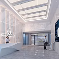 Modern Laboratory Entrance Hall With Glass Doors Marble Walls And Digital Display Screens