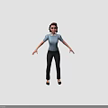 3D Female Character Creature In Light Blue Shirt Gray Pants With Open Hands On Black Background