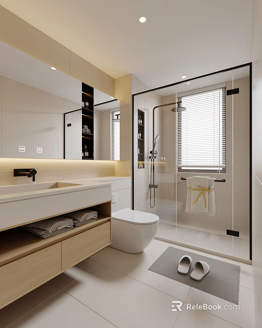 Modern Bathroom Interior With Glass Shower Enclosure Vanity Mirror Toilet And Window Blinds 3d model 