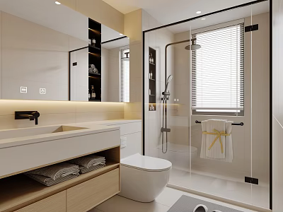 Modern Bathroom Interior With Glass Shower Enclosure Vanity Mirror Toilet And Window Blinds 3d model