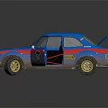 Blue Race Car Model With Open Doors Trunk Golden Wheels And Stripes