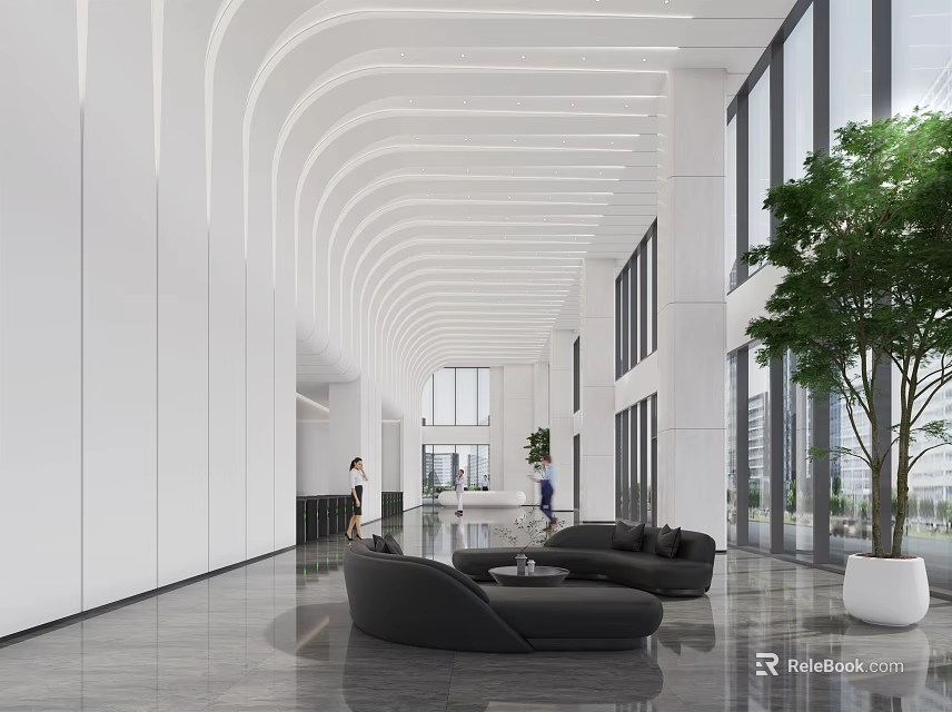 Modern Reception Area With Curved Ceiling Large Windows Black Sofa Green Plant And Marble Floor 3d model 