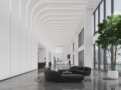 Modern Reception Area With Curved Ceiling Large Windows Black Sofa Green Plant And Marble Floor 3d model