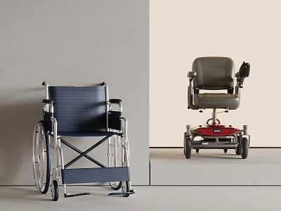 Manual And Electric Wheelchair Design With Blue Gray Seats And Red Base 3d model