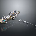 Large Intricate Spacecraft Model With Smaller Models On Dark Reflective Background 3d model