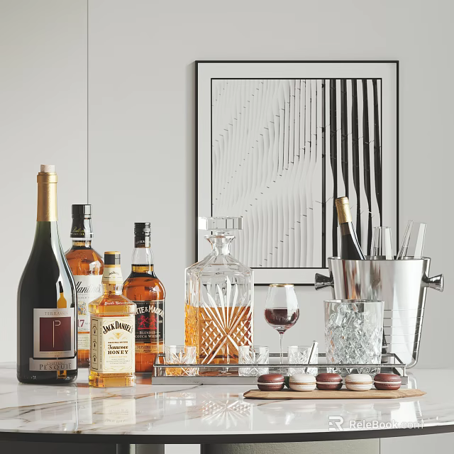 Elegant Assorted Wine Whiskey Bottles and Glasses with Decanter Ice Bucket Macarons and Abstract Art 3d model 
