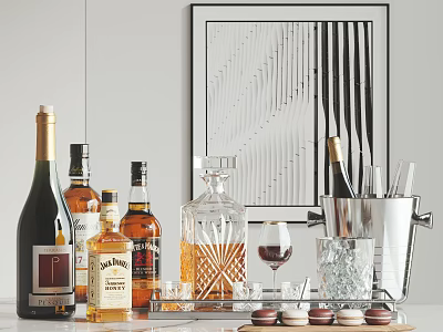 Elegant Assorted Wine Whiskey Bottles and Glasses with Decanter Ice Bucket Macarons and Abstract Art 3d model